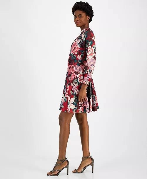 Tahari ASL Women's Red Floral Mock Neck Long Sleeve Belted Dress Size 14