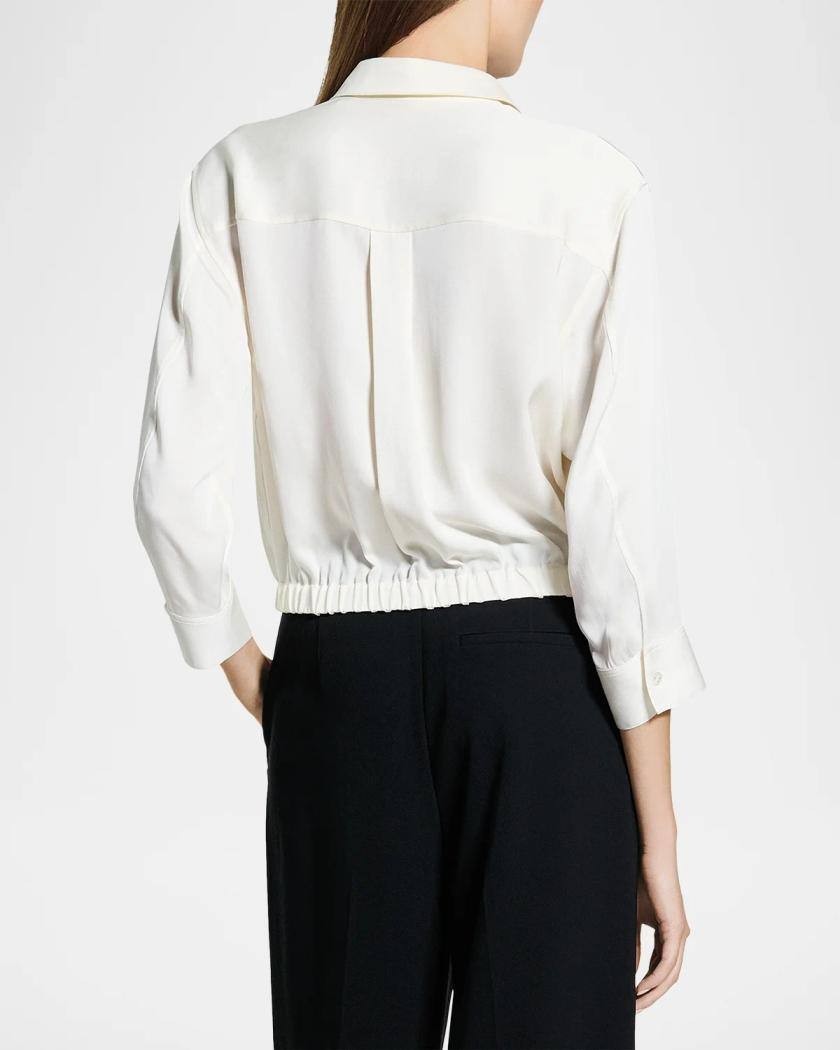 Theory Scrunched‑Sleeve Cropped Silk Button Shirt Ivory L NWT $365