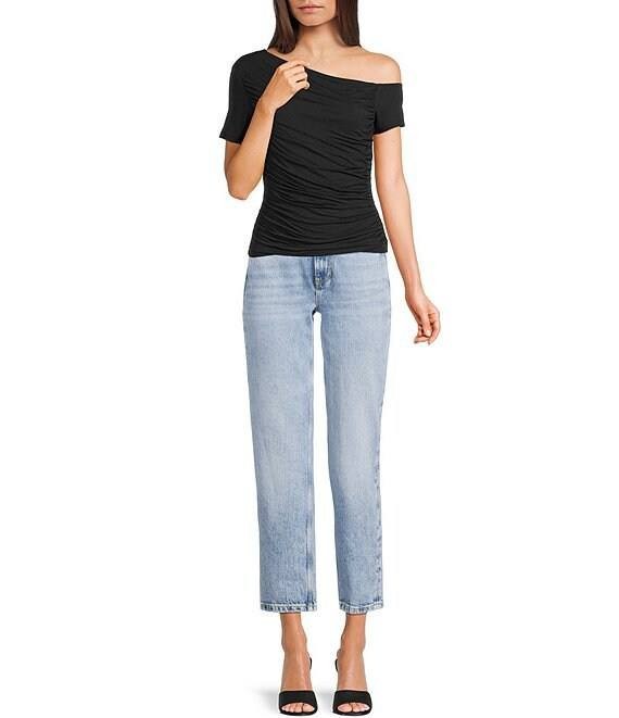 Guess Solid Asymmetrical Neckline Short Sleeve Shirred Top Black L NWT $59