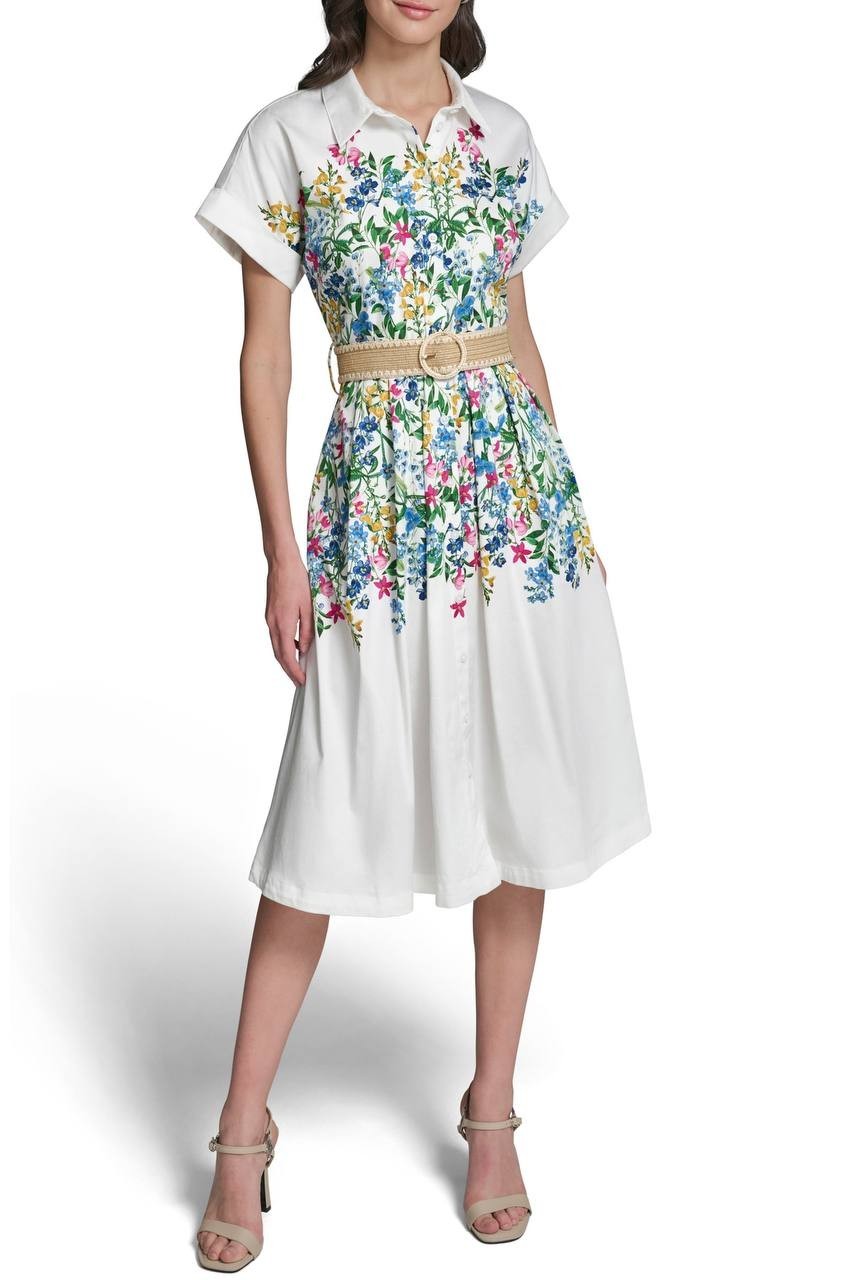 Karl Lagerfeld Paris Placed Floral Print Belted Midi Shirtdress White 10 NWT $50
