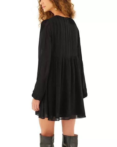 FARM Rio Pleated Mini Dress Black Long Sleeve Semi Sheer Size S NWT $280