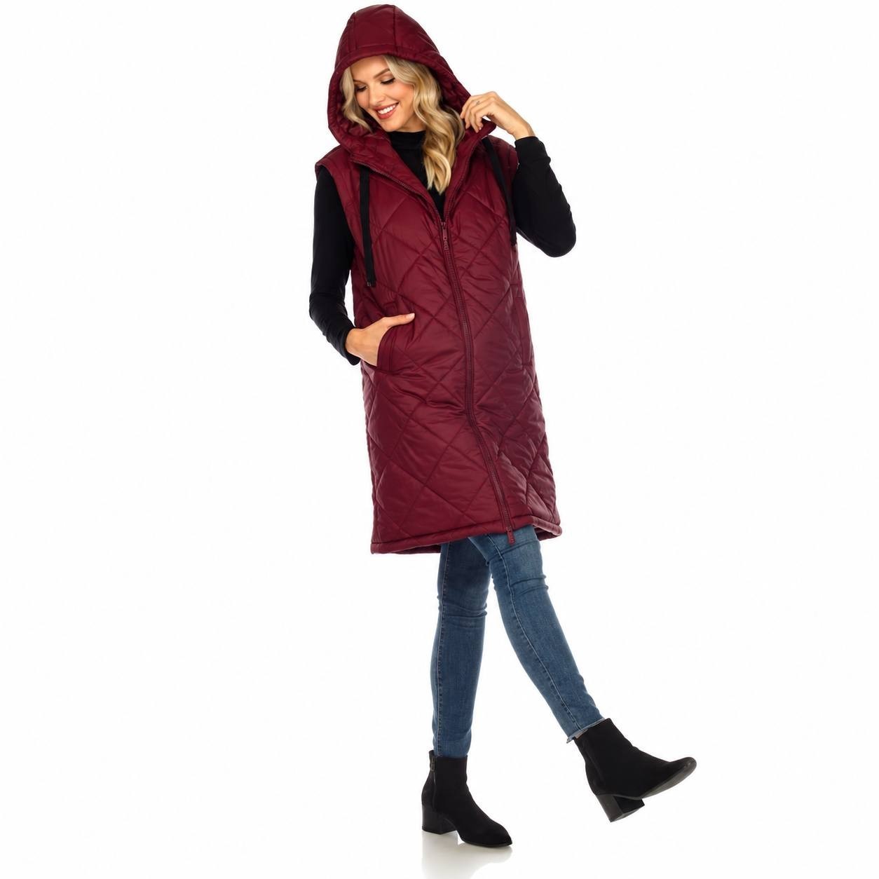 White Mark Diamond Quilted Hooded Puffer Vest Burgundy L NWT $95