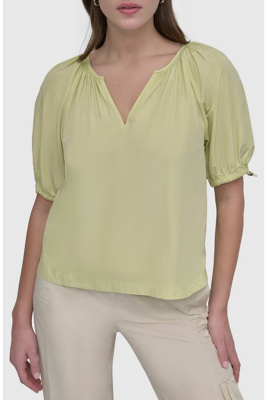 DKNY Drawcord Puff Sleeve Top Tea Green L NWT $79