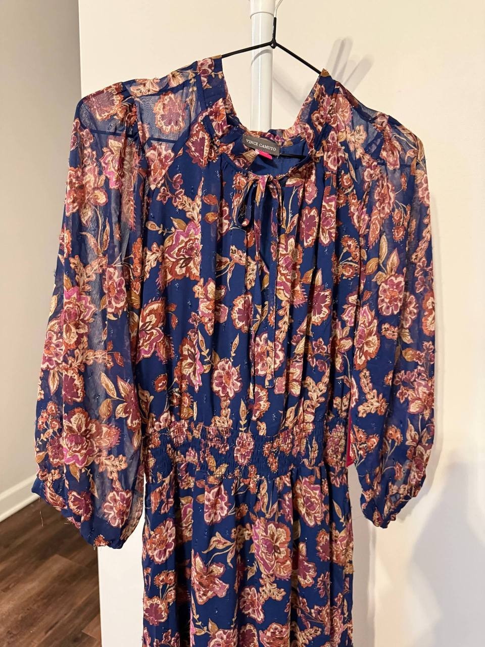 Vince Camuto Printed Tie‑Neck Puff‑Sleeve Maxi Dress –Deep Sky–Size M–NWT–$119