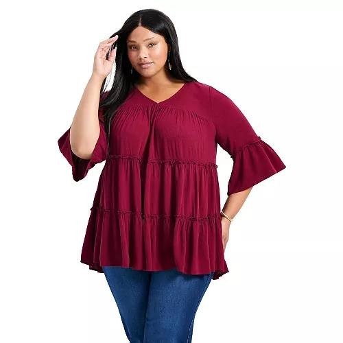 Avenue Plus Size Amy Tiered Bell Sleeve V‑Neck Blouse Berry 26‑28 NWT $60