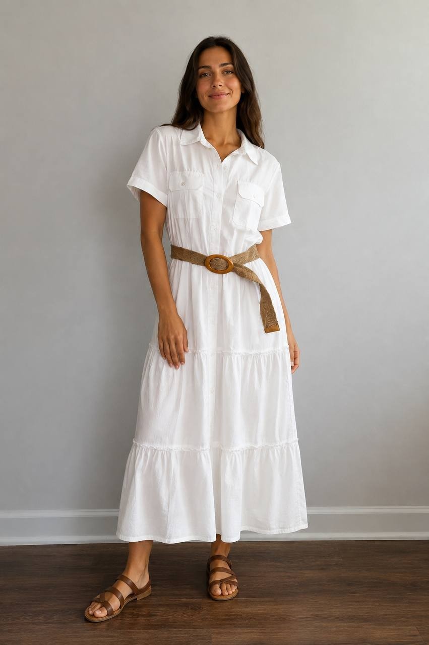 Her Destiny White Button-Front Tiered Dress Belted M NWT $118