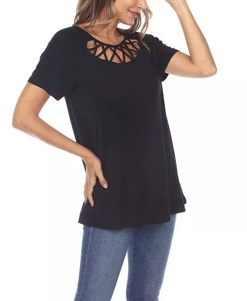 White Mark Crisscross Cutout Short Sleeve Top Black L NWT $52