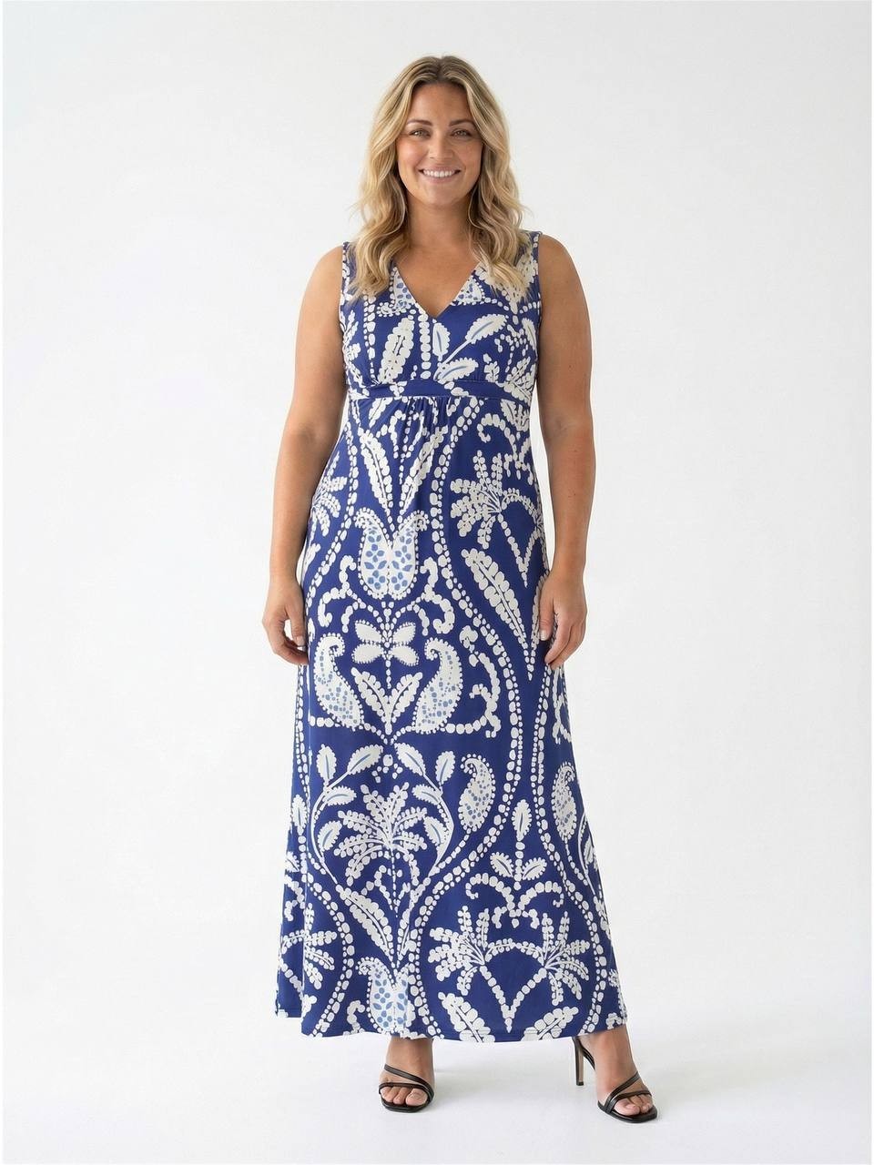24Seven Comfort Apparel Sleeveless Empire Maxi Dress White/Navy 1X NWT $53