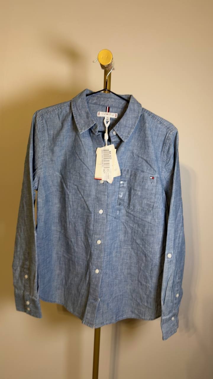 Tommy Hilfiger Chambray Roll‑Tab Button‑Front Shirt Mid Blue S NWT $79.50