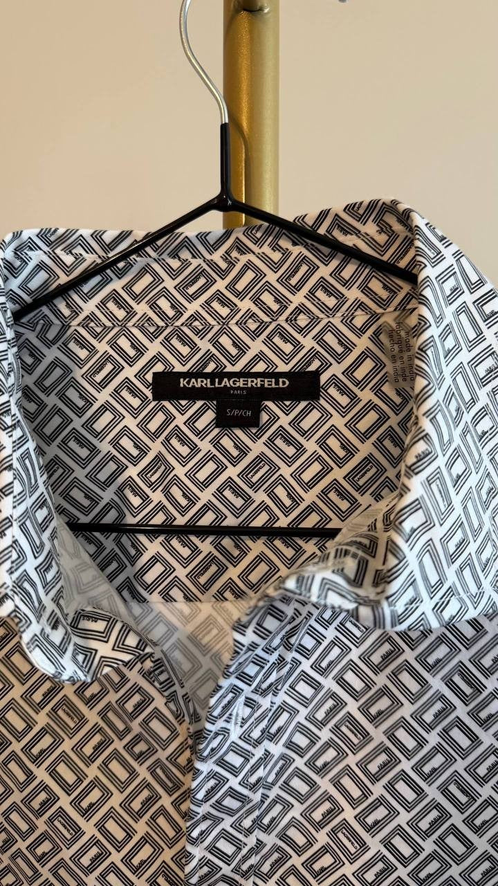 Karl Lagerfeld Paris Men’s Logo Print Button‑Front Shirt Black/White S/P $89 NWT