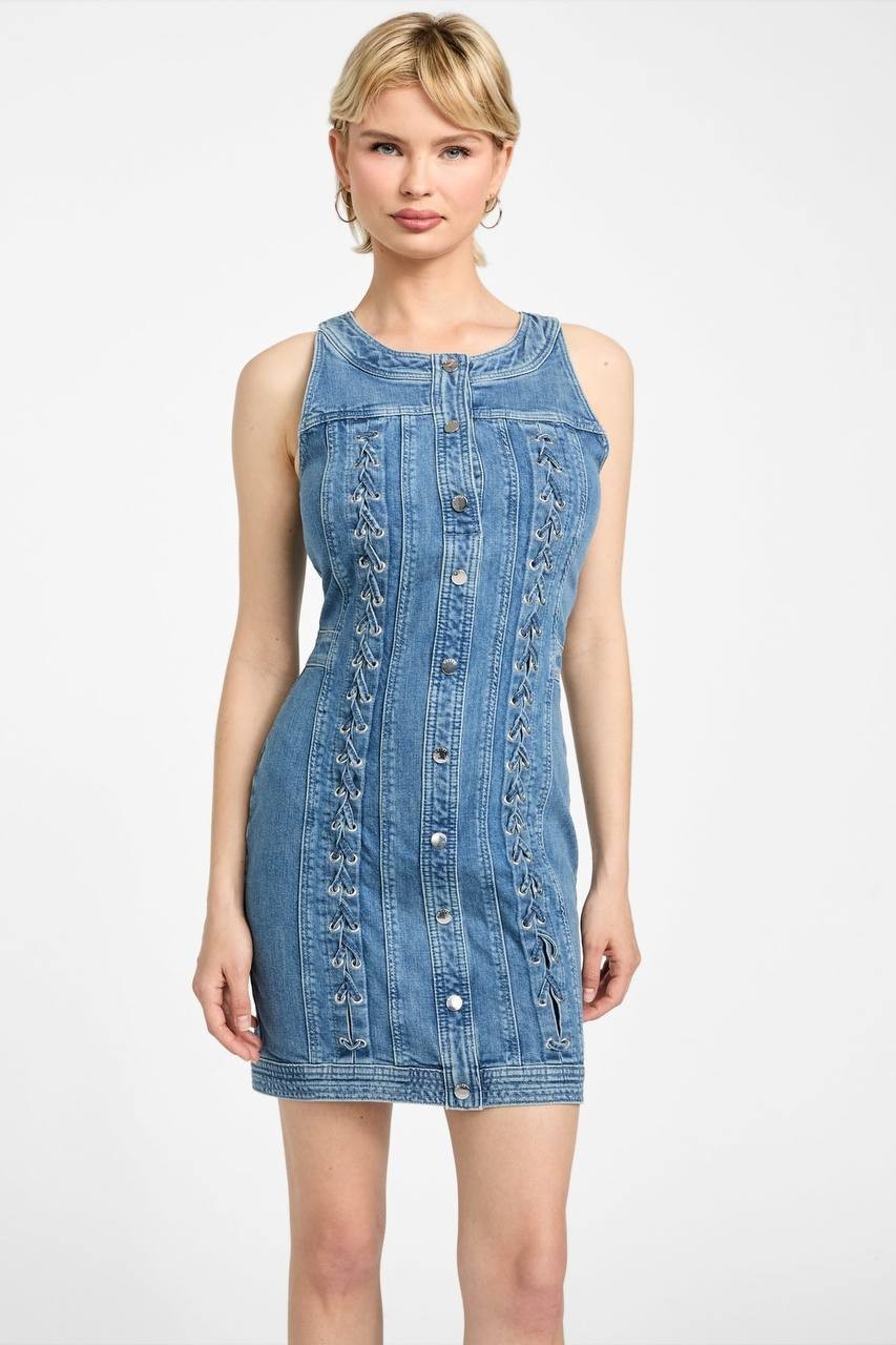Guess Lisbeth Midi Denim Dress Lace Up Blue Size L NWT $188