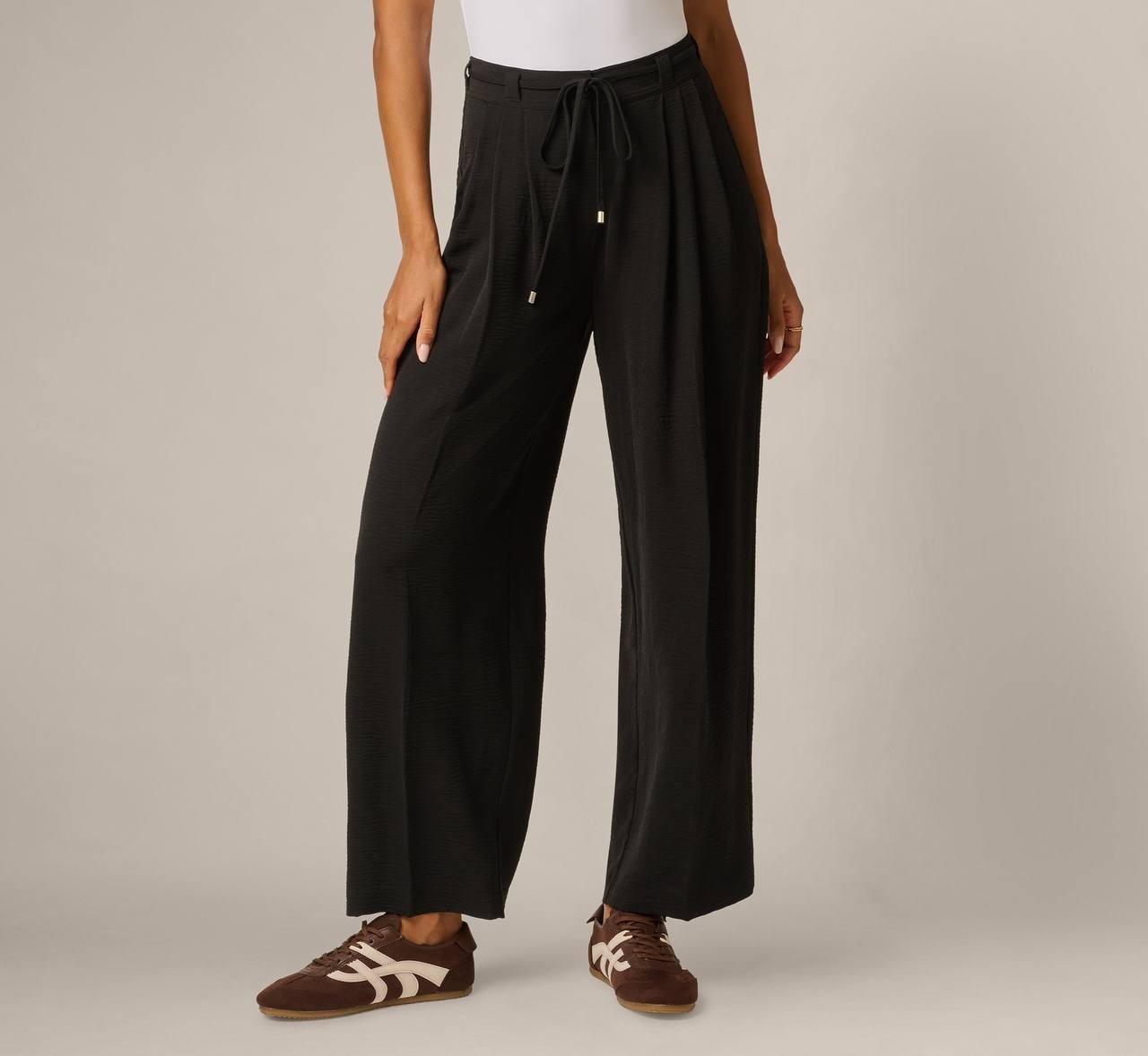 Adrianna Papell Tie Belt Airflow Pleated Wide‑Leg Pants Black L NWT $50