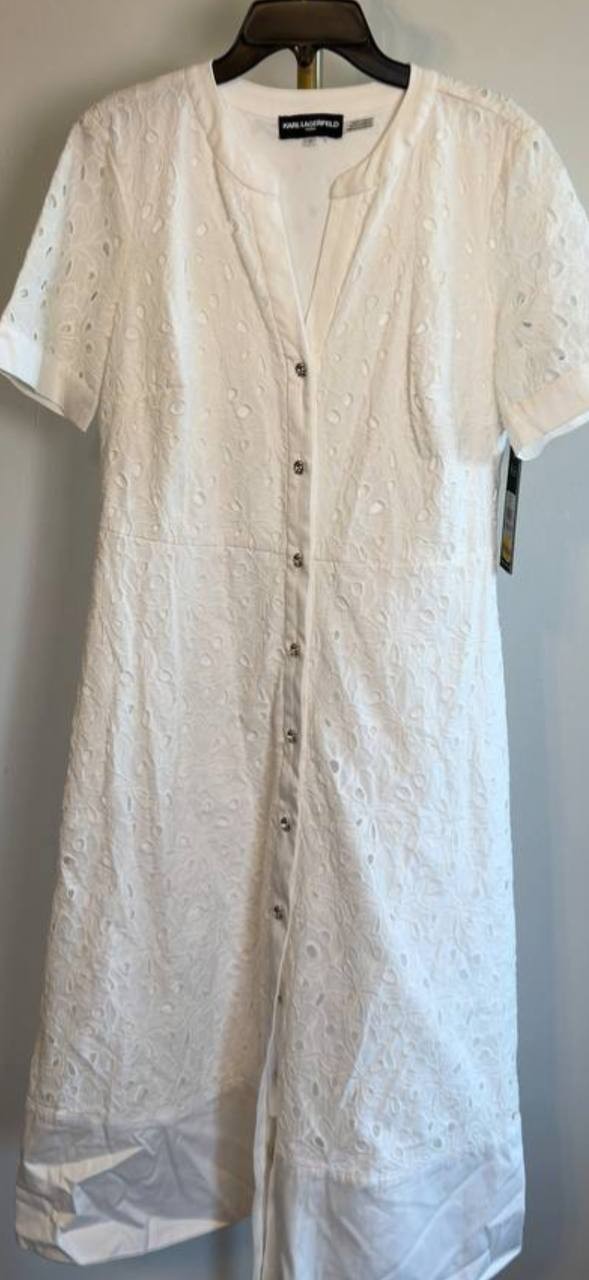 Karl Lagerfeld Cotton Eyelet Button‑Front Dress White 6 NWT $199