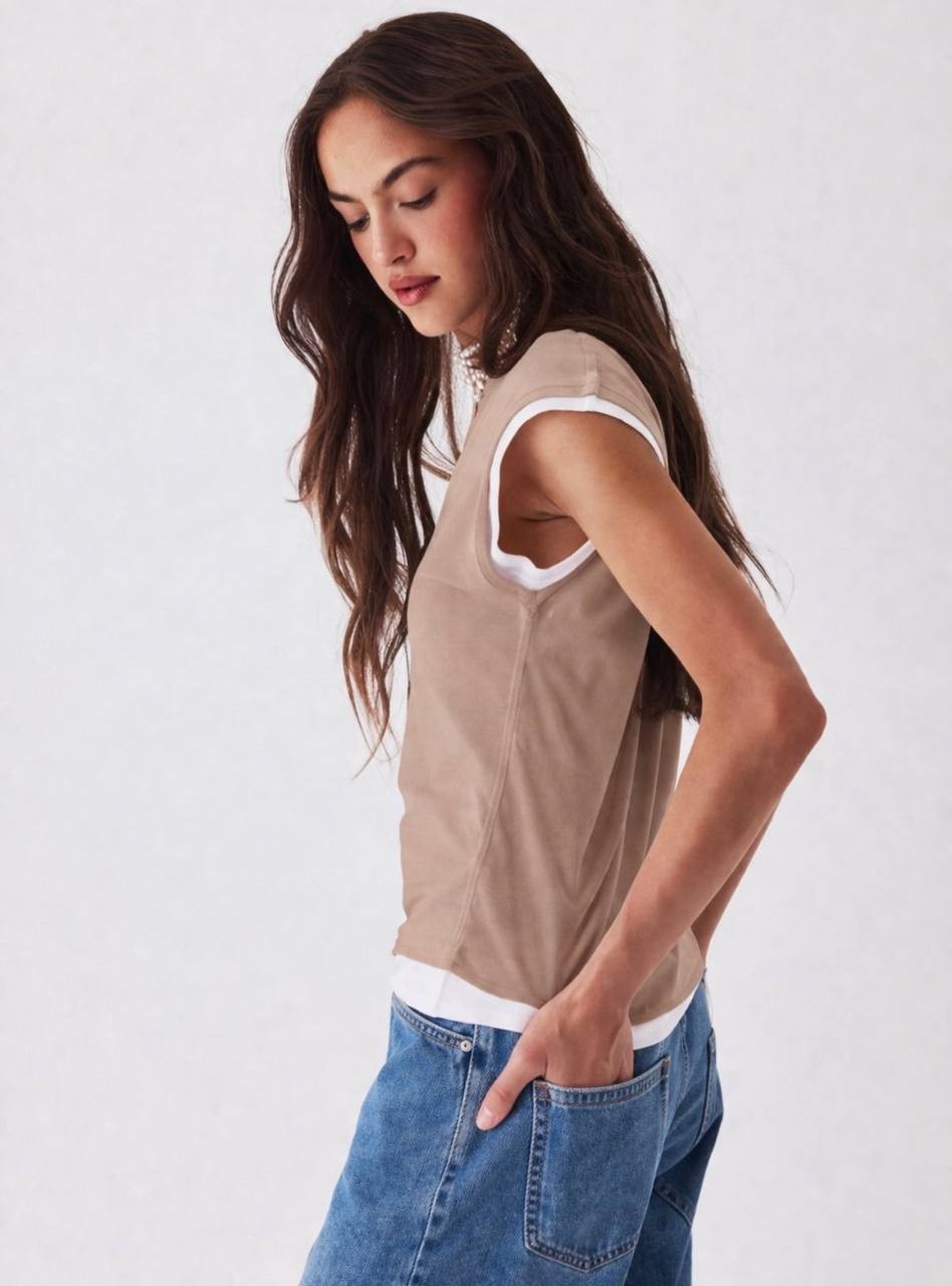 Majestic Filatures Supima Double Layer Cap Sleeve V‑Neck Tee Desert 4 NWT $245