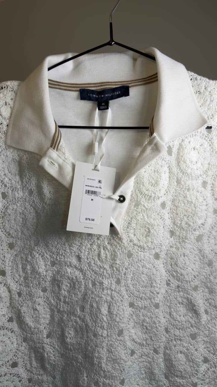 Tommy Hilfiger Lace‑Front Short‑Sleeve Cotton Top White M NWT $79.50