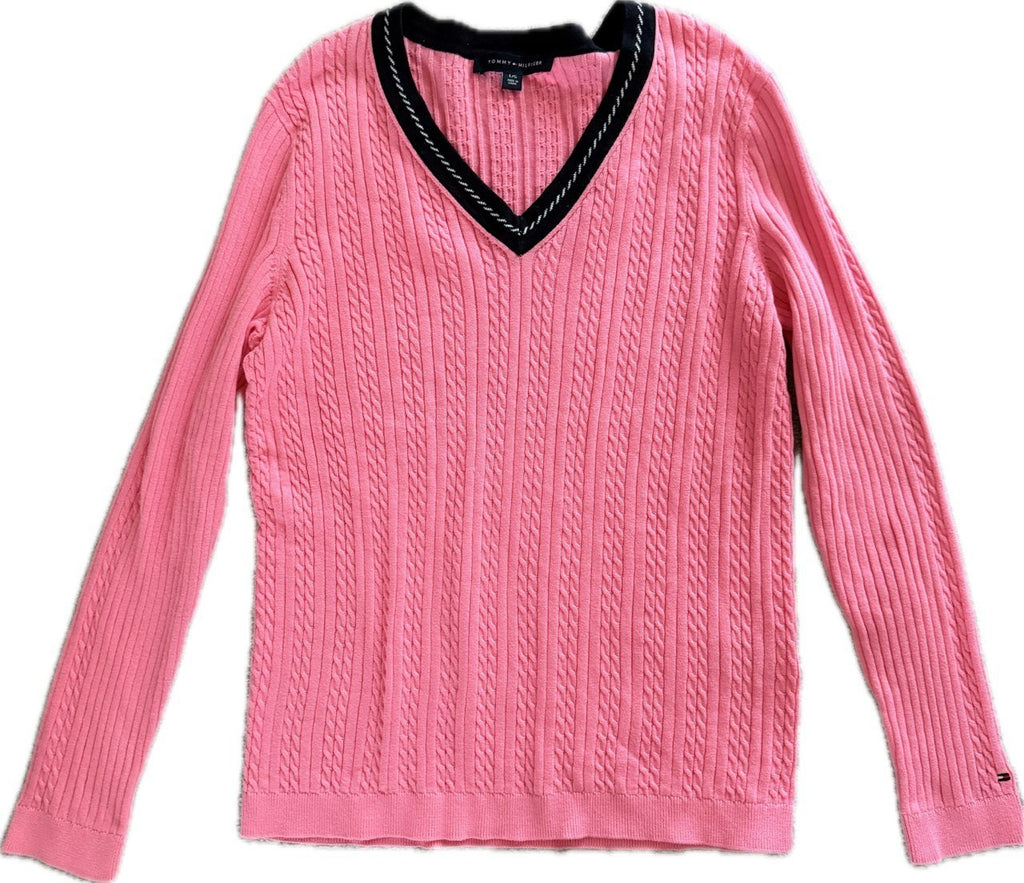 Tommy Hilfiger Pink Cable Knit V-Neck Sweater – Size L