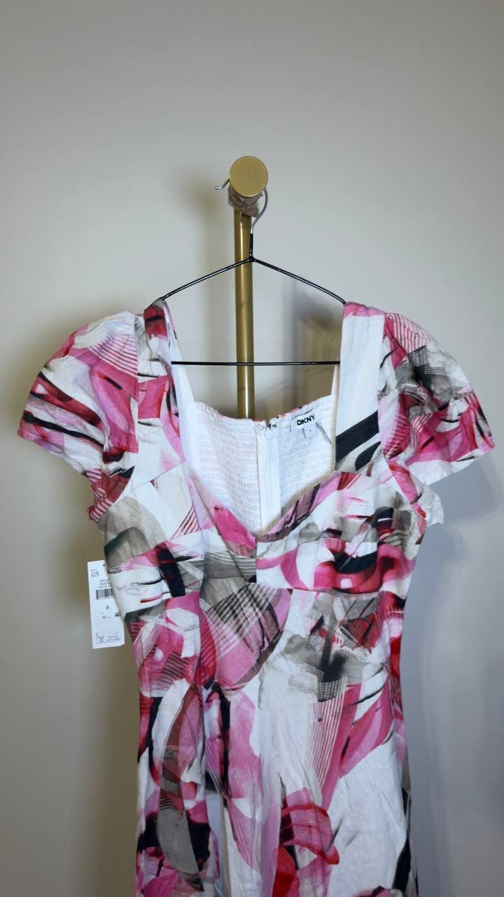 DKNY Women’s Puff Sleeve Asymmetrical Printed Dress Spring Wisteria 8 NWT $149