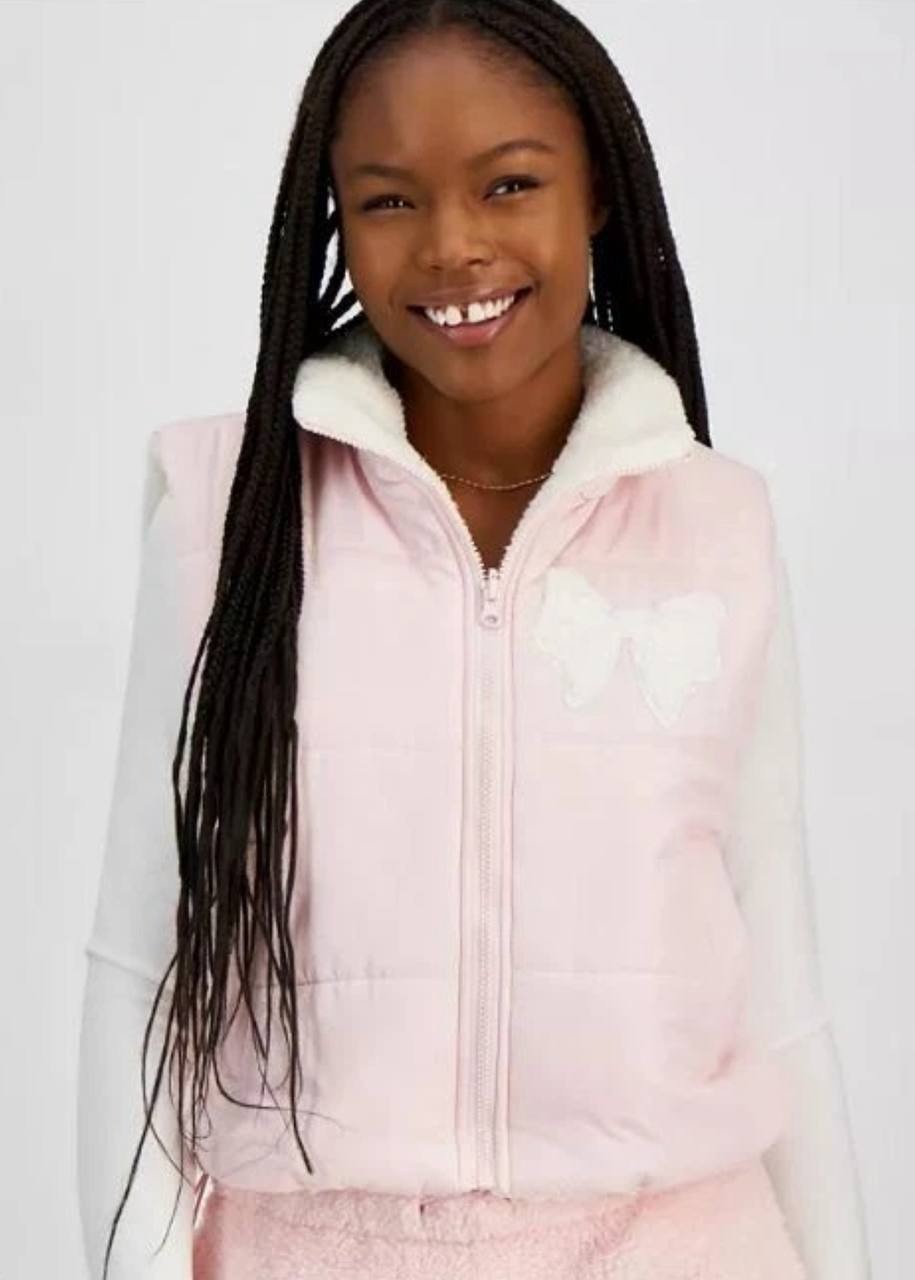 Madden Girl Sherpa Puffer Vest Pink, Bow Accent, Juniors' M, Sleeveless