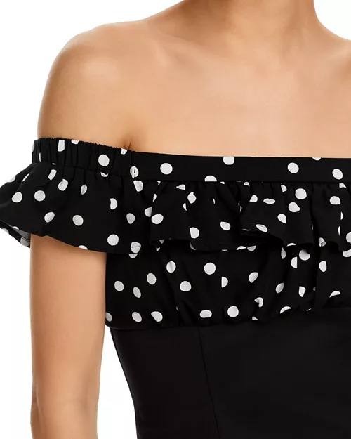 FORE Polka Dot Off-Shoulder Top for Women, Black, Size L, NWT, Ruffle Trim