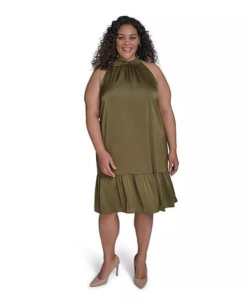 Vince Camuto Plus Size Satin Mock‑Neck A‑Line Dress Olive 16 NWT $138