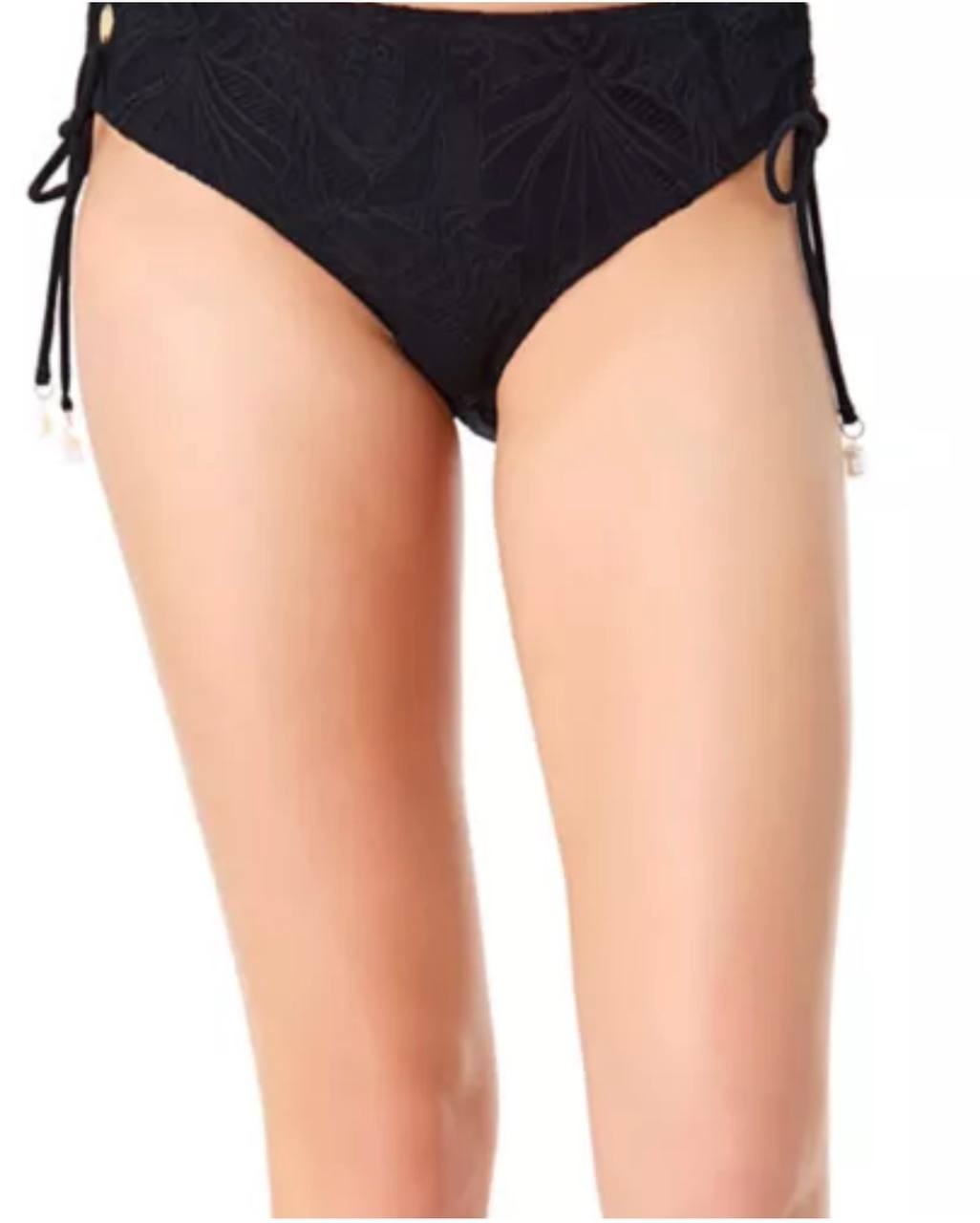 CeCe Solid Textured Tie Side Mid Rise Swim Bottoms Black XS NWT $54