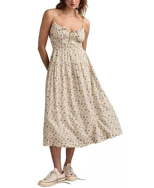Lucky Brand Dress XXL Cream Multi Floral Smocked Waist Sleeveless Midi Boho
