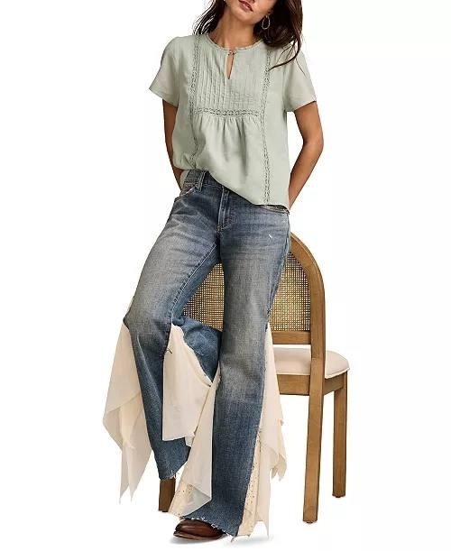 Lucky Brand Top L Surf Green Cotton Pleated Split Neck Flutter Sleeve Peasant NW