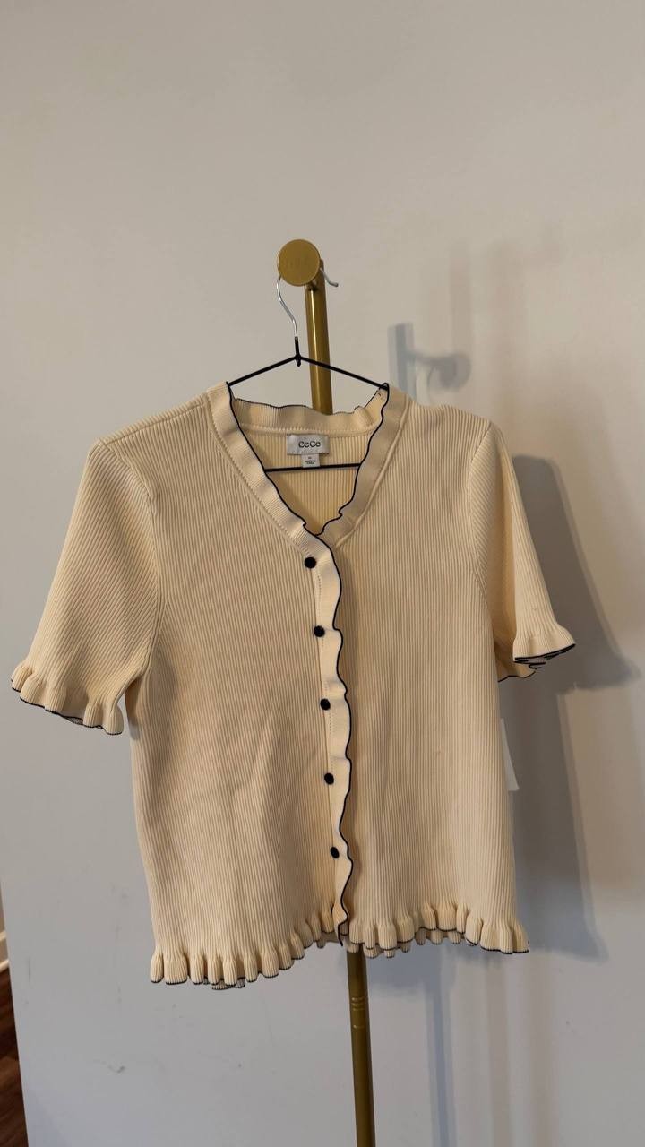 CeCe Women’s XL Contrast-Trim Ruffled Short-Sleeve Cardigan Eggnog NWT