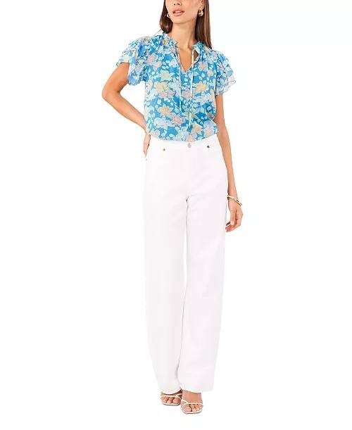 1.STATE Floral Tie‑Neck Short Flutter‑Sleeve Blouse Blue XS NWT $79