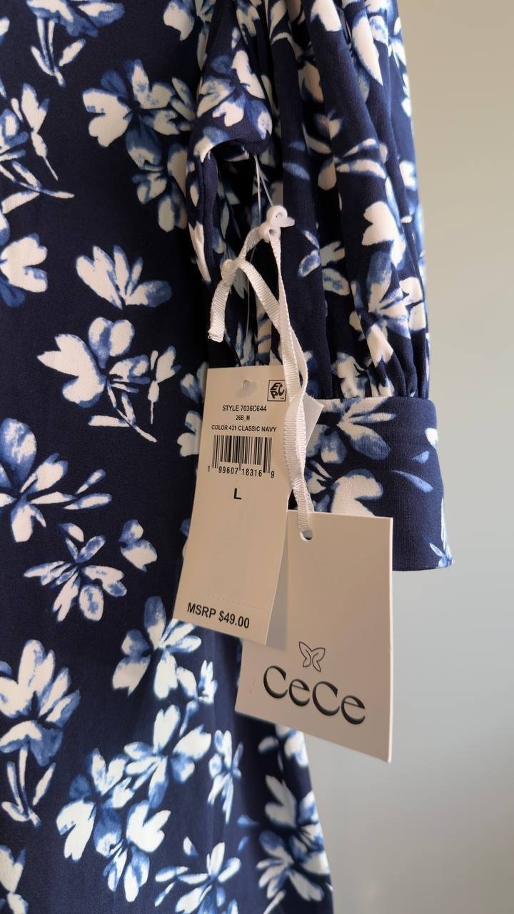 CeCe Scoop‑Neck Printed Elbow‑Sleeve Top L Classic Navy NWT $49