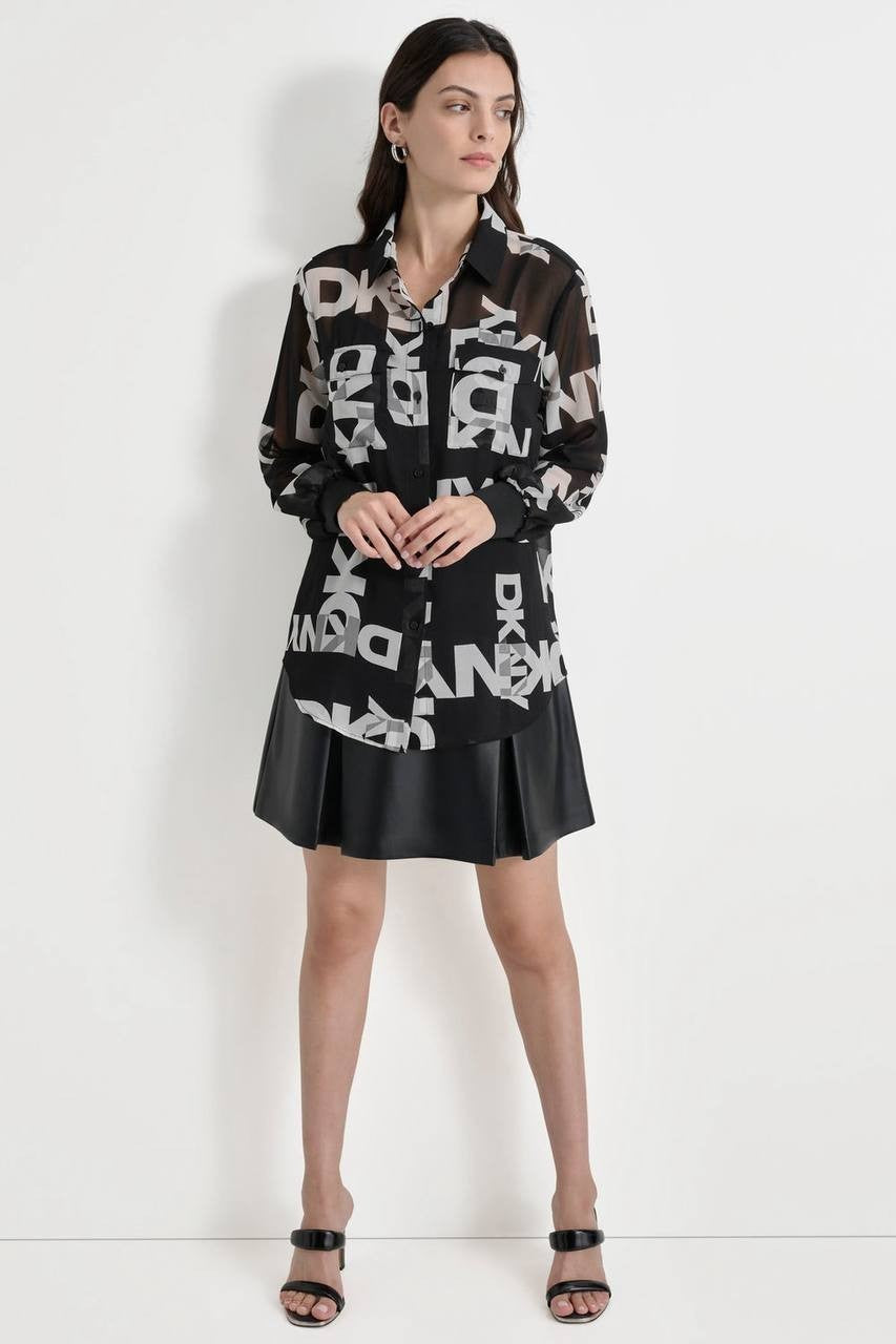DKNY Foundation  Logo Print Blouse  Modern  Black  Size M  NWT  msrp $89