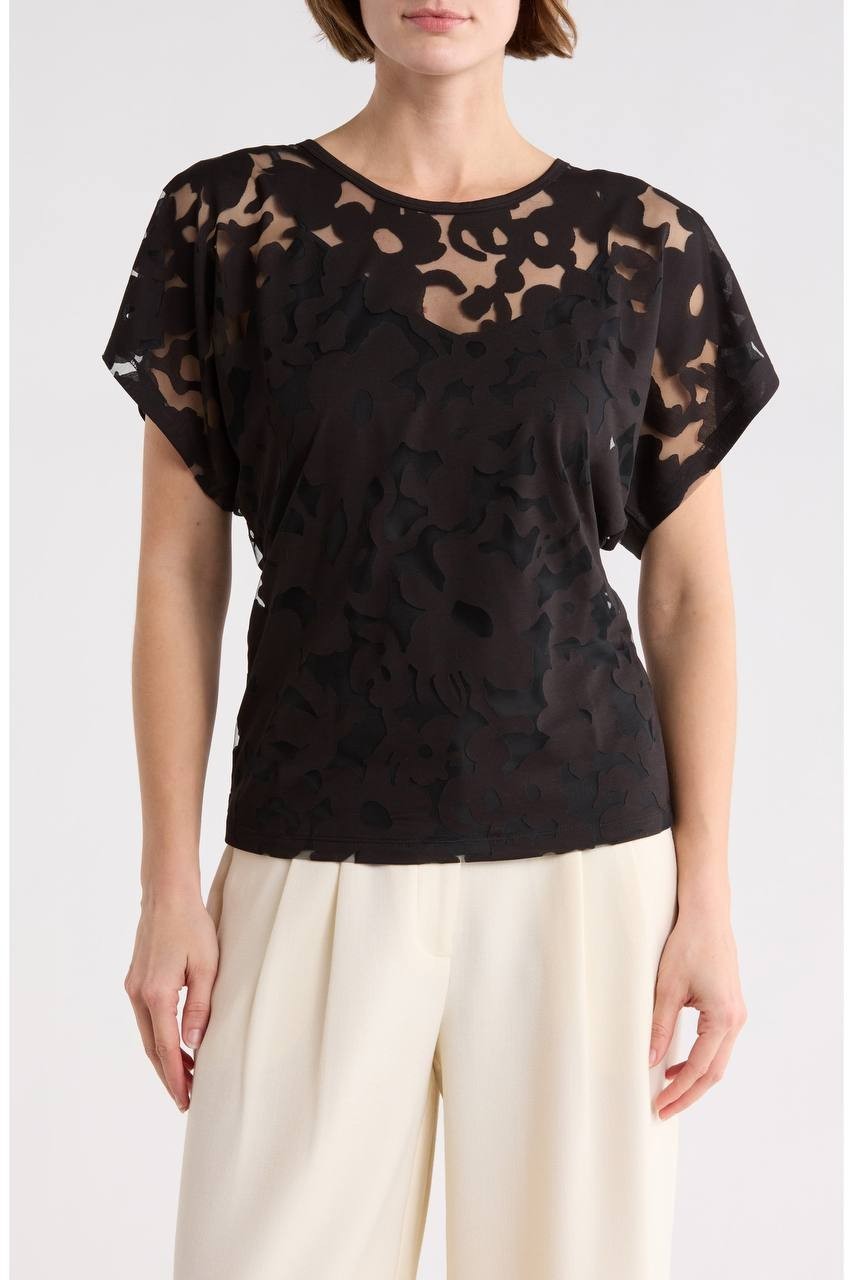 BOSS Orange Floral Lace Flutter Sleeve Top Black M NWT $99