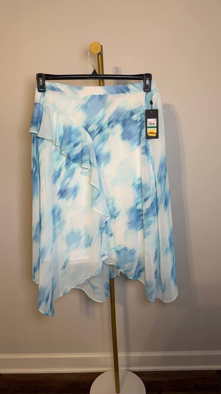 Jones New York Pull‑On Bias‑Cut Ruffle Trim Skirt White Multi L NWT $89.50
