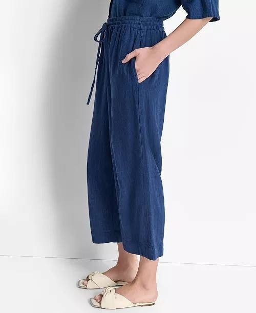 DKNY Indigo Linen‑Blend Cropped Pull‑On Pants – Size M – NWT – $89