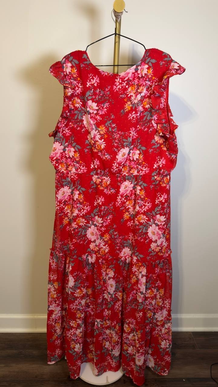 NY Collection Plus Flutter‑Sleeve Tiered Dress Red Multi 3X NWT $56