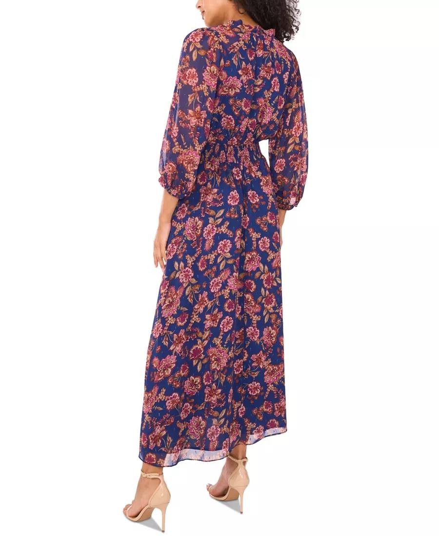 Vince Camuto Printed Tie‑Neck Puff‑Sleeve Maxi Dress –Deep Sky–Size M–NWT–$119
