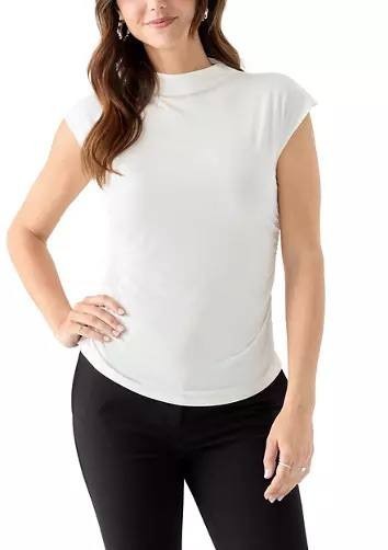 DKNY Short Sleeve Mock Neck Top White Cap Sleeve Stretch Size S Preowned $49