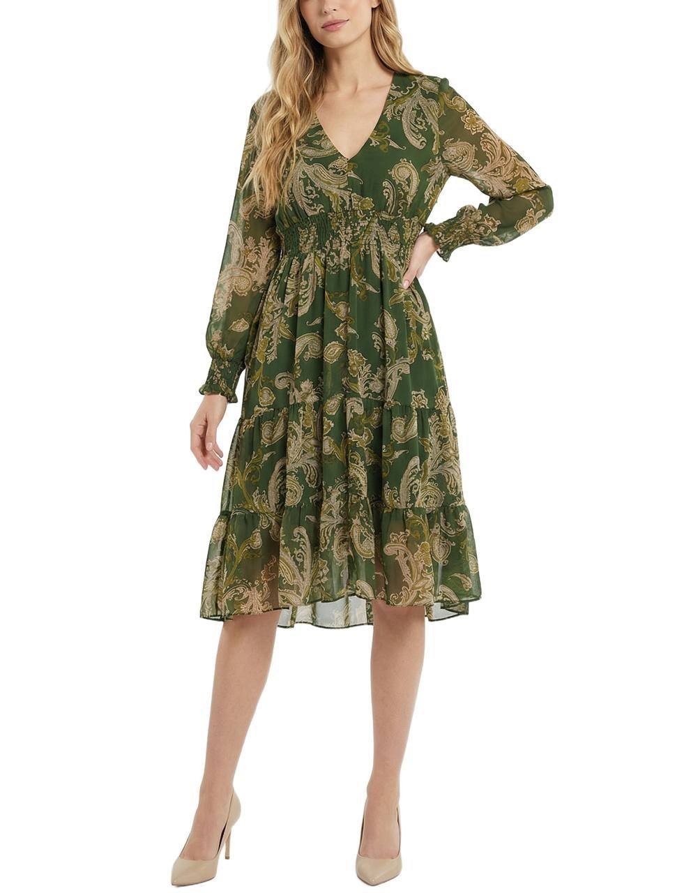 NY Collection Chiffon Dress Smocked Waist & Cuffs Green Paisley S NWT $44