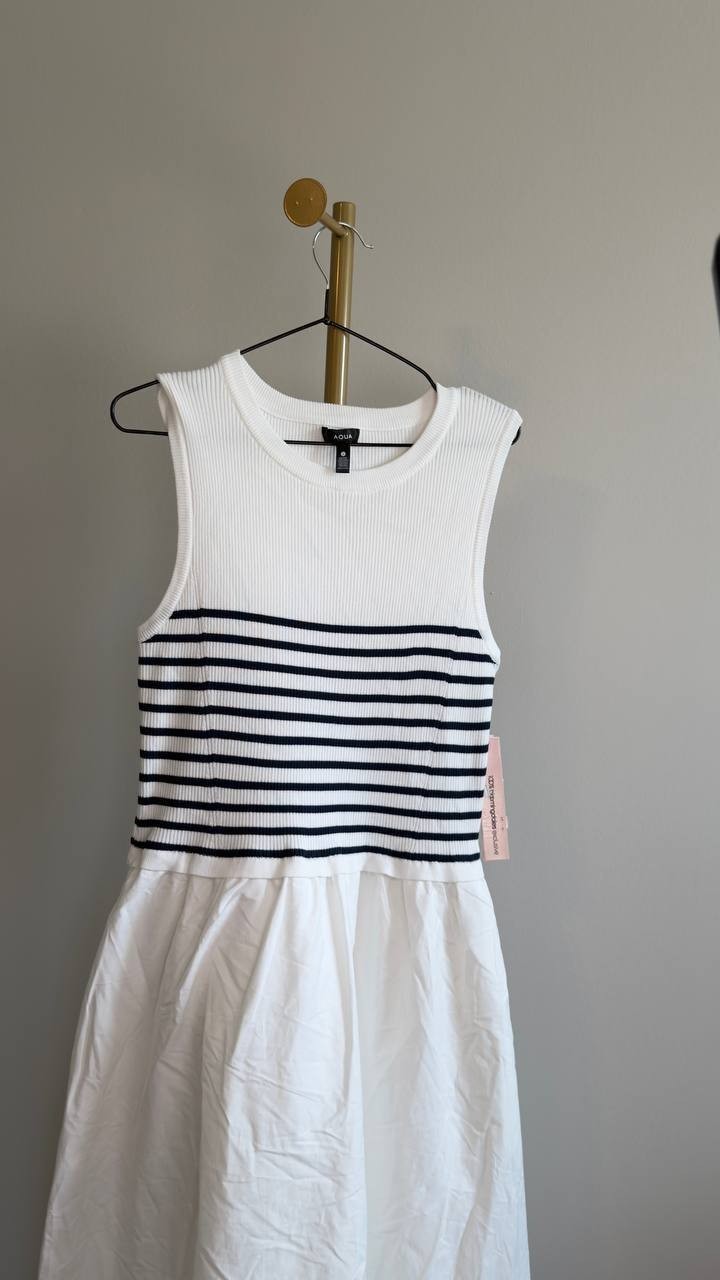 AQUA Mixed Media Maxi Dress White Navy L NWT $98