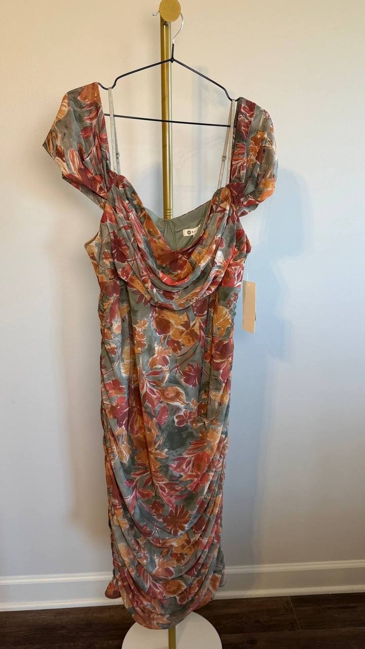 Katia Rae Plus Size Printed Cowlneck Midi Dress Olive Multi 18 NWT $85