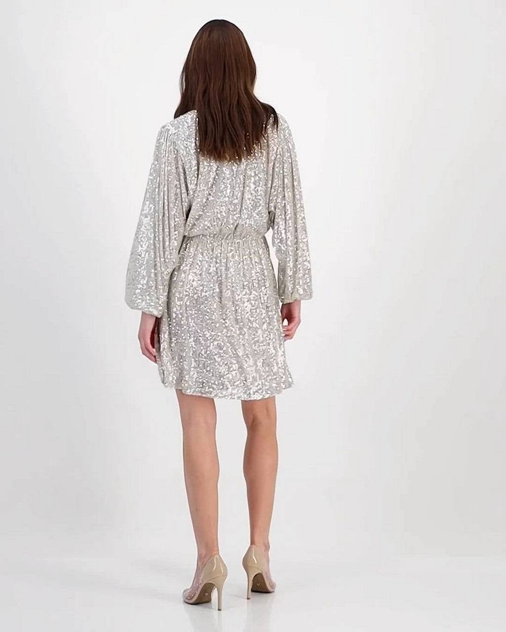 BOSS Orange Sequin Blouson-Sleeve Dress Open Beige 14 NWT $179