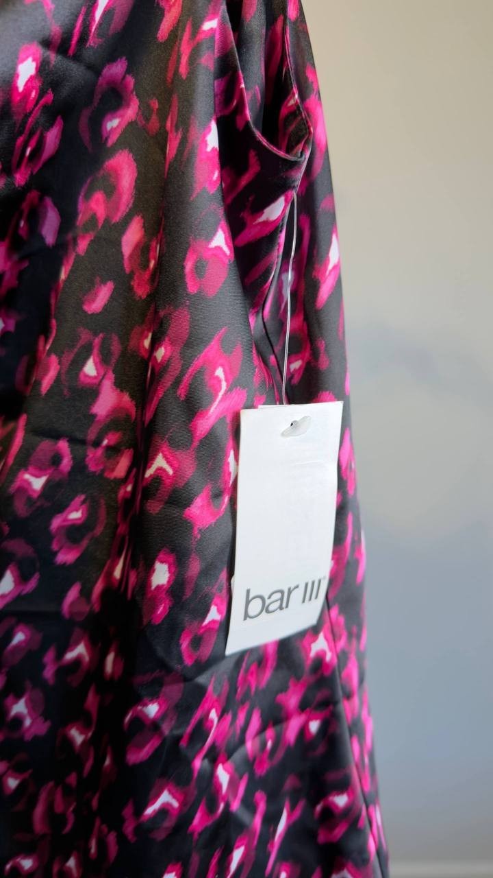 Bar III Satin Animal‑Print Drape‑Neck Top Black/Pink XS NWT $59