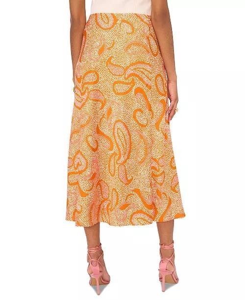 1.STATE Paisley Midi Skirt Size 14 Orange Pull-On A-Line Lined NWT