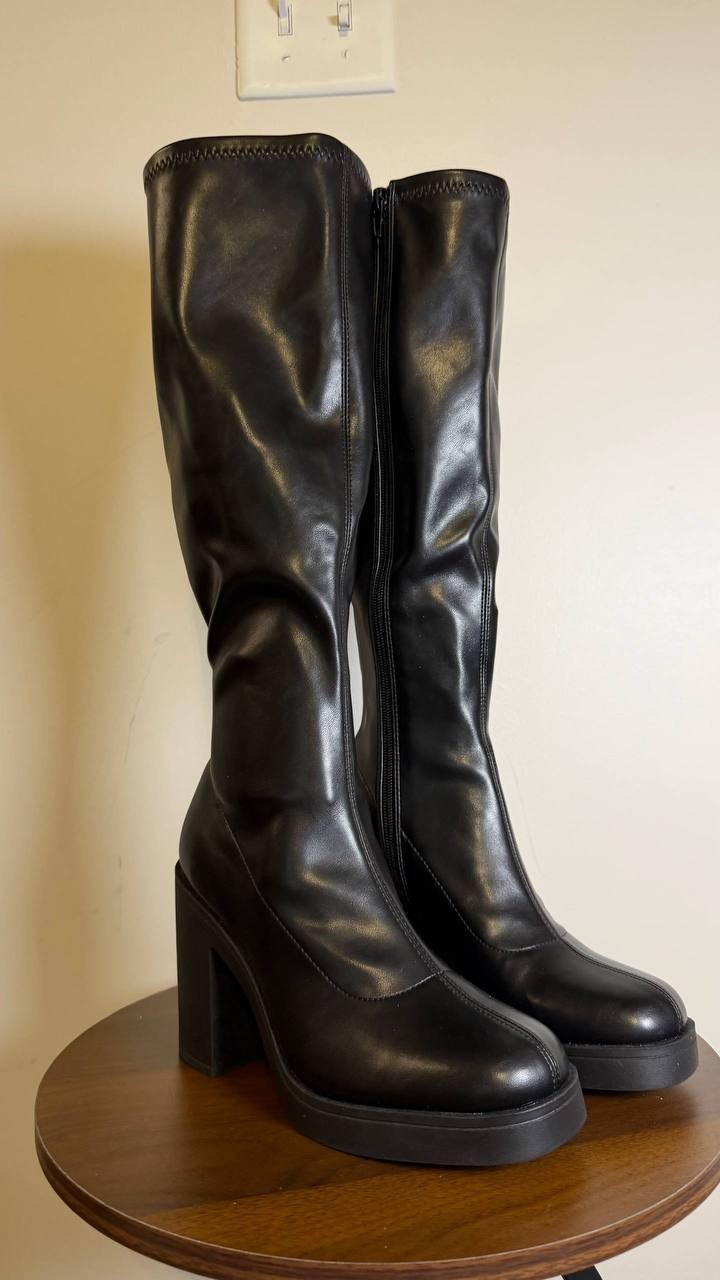 Madden Girl Dreammerr Boots 7 Black Stretch Knee‑High Block Heel NIB msrp$99