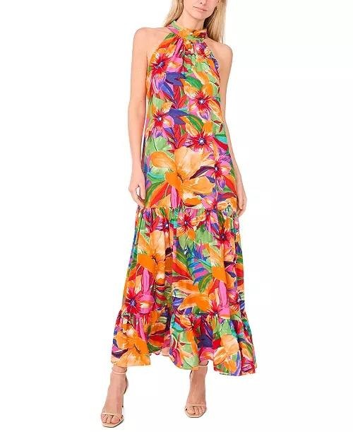 MSK Printed Halter Tie‑Back Tiered Maxi Dress Multi S NWT $69