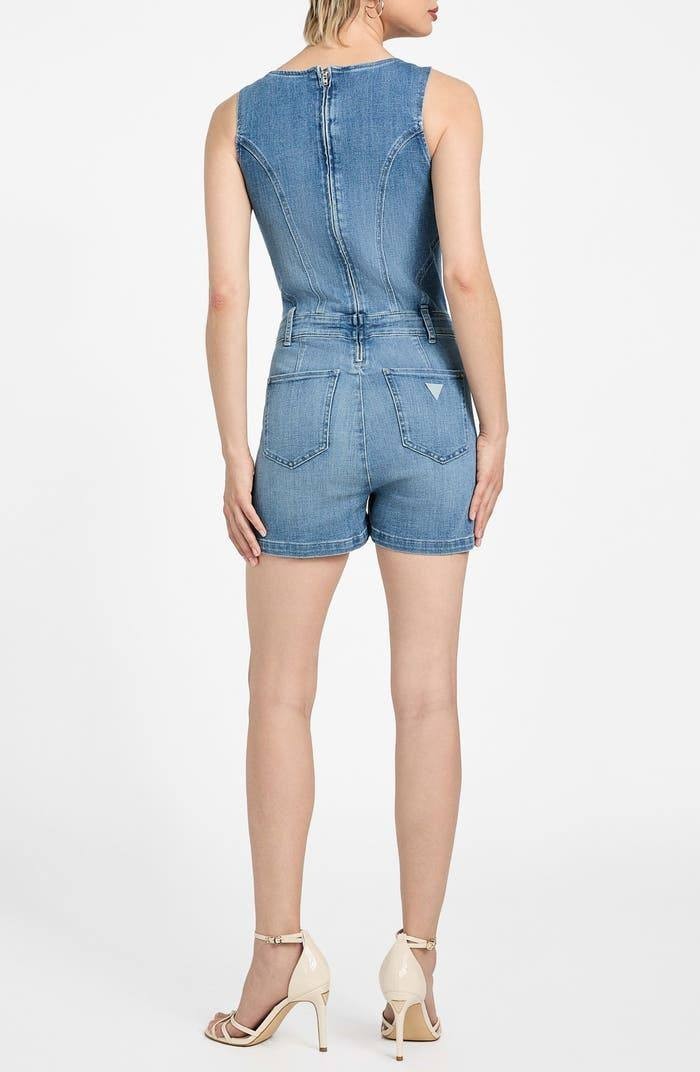 Guess Sunni Sleeveless Stretch Denim Romper Dream Blu Size L NWT $148