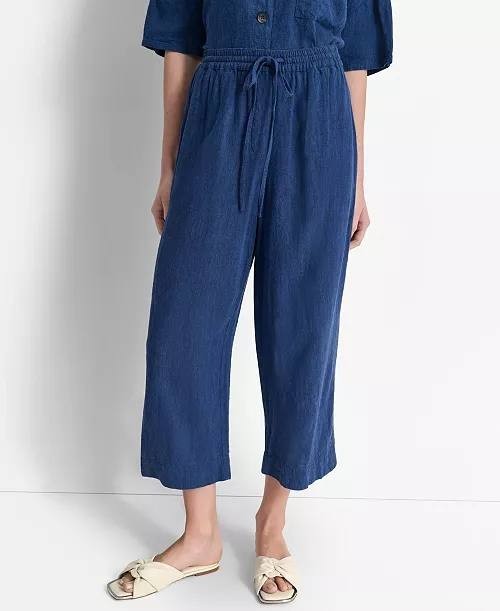 DKNY Indigo Linen‑Blend Cropped Pull‑On Pants – Size M – NWT – $89