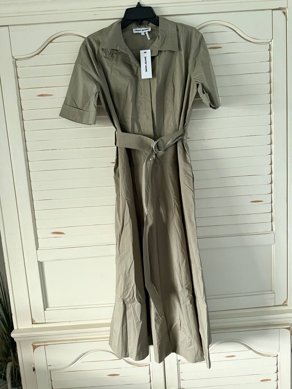 DKNY Dress L Green Button Front Brown Accent Utility Midi Shirt Style Cotton NWT