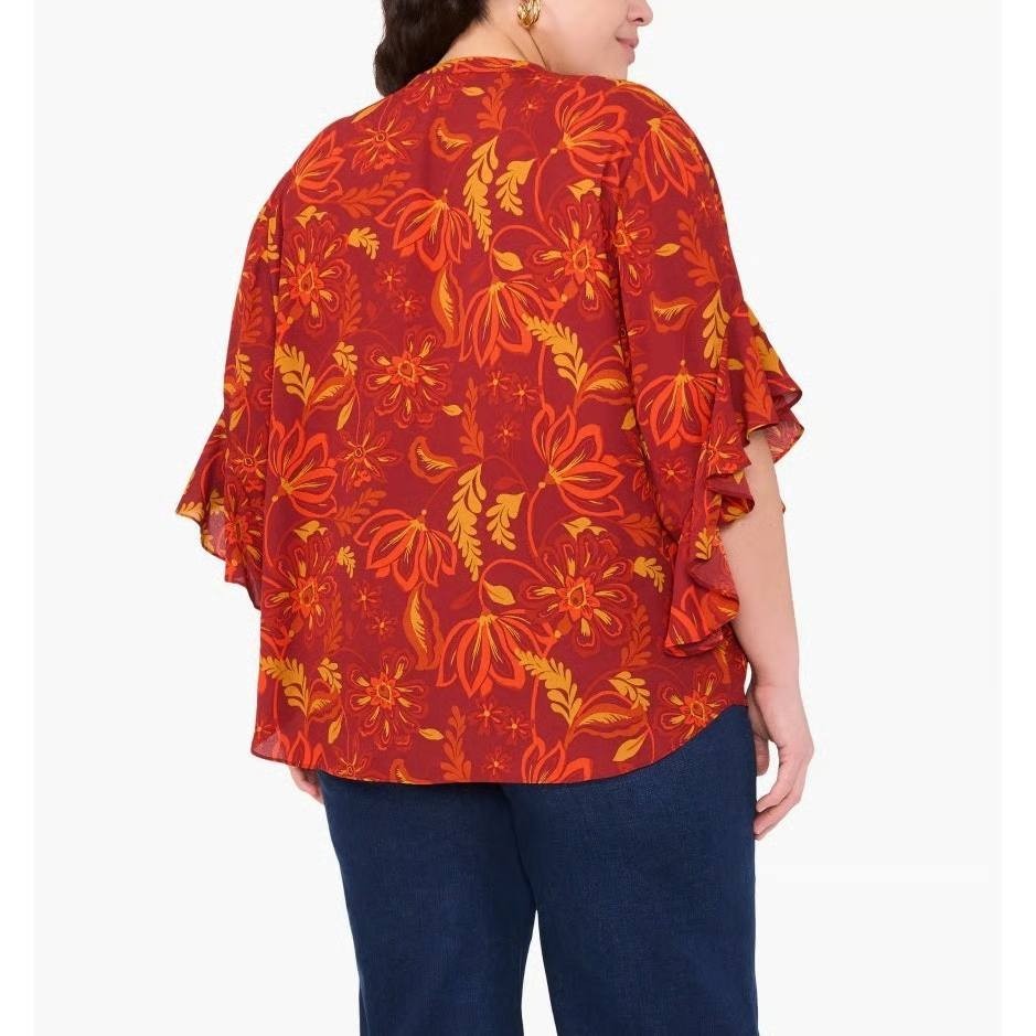 Vince Camuto Plus Split‑Neck Ruffle‑Cuff Floral Blouse Burgundy 2X $89 NWT