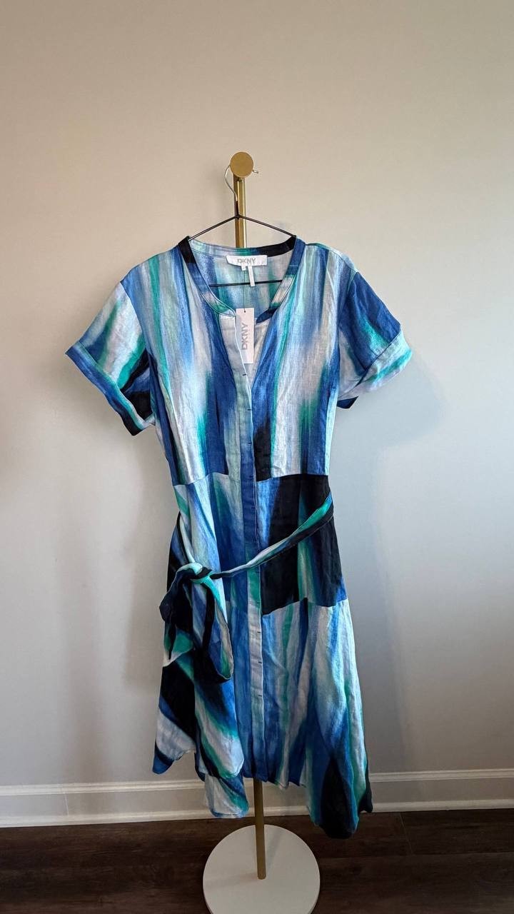DKNY Printed Linen Short‑Sleeve Wrap Dress Caribbean Multi 12 NWT $159